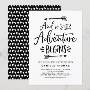 Invitación La aventura empieza a citar Baby Shower negro