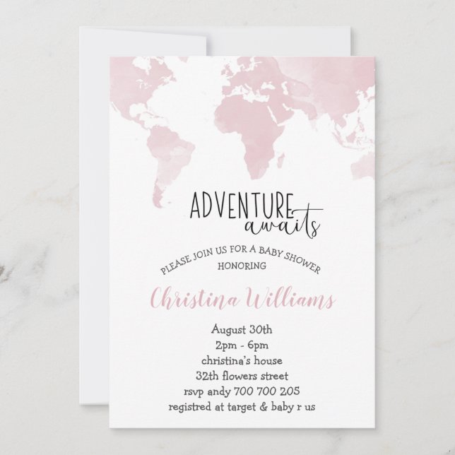 Invitación La aventura espera a Baby Shower, Chica de Mapa de (Anverso)
