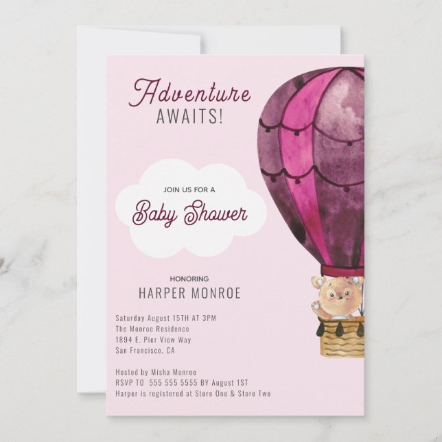Invitación La aventura espera a los Chicas rosados Baby Showe (Anverso)