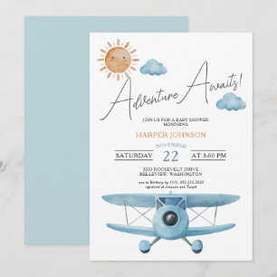 Invitación La aventura espera al niño del avión en el baby sh