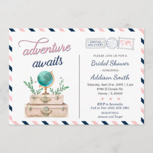 Invitación La aventura espera Baño de novia de viaje Azul mar