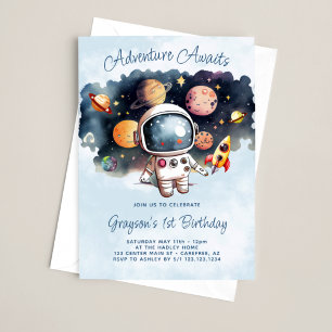 Invitación La aventura espera el primer cumpleaños en el espa