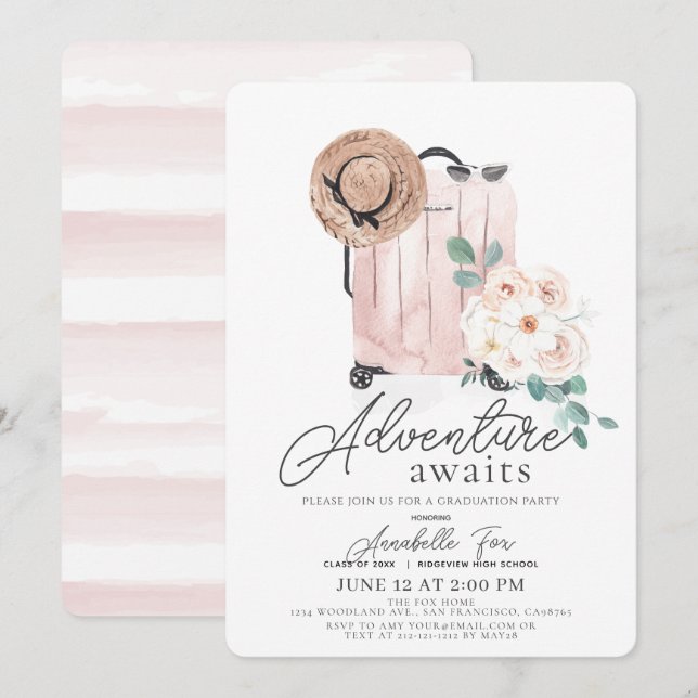 Invitación La aventura espera la graduación de maleta rosa (Anverso / Reverso)
