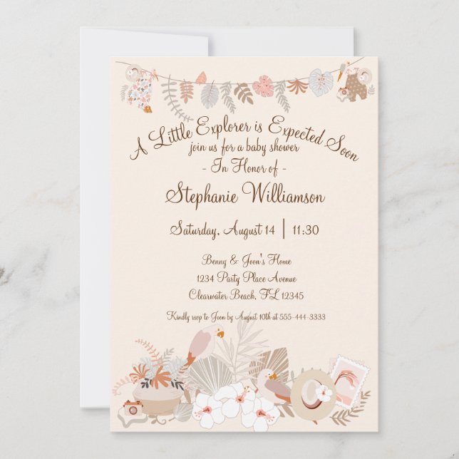 Invitación La aventura espera la pequeña ducha de Boho Explor (Anverso)
