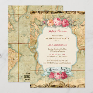Invitación La aventura espera mapa vintage del mundo rosas