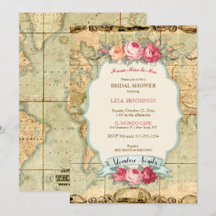 Invitación La aventura espera mapa vintage del mundo rosas