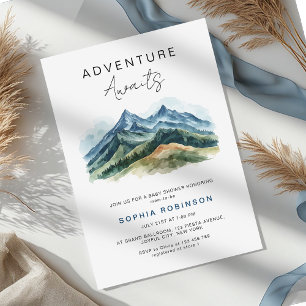 Invitación La aventura espera Montañas Bosque Baby Shower