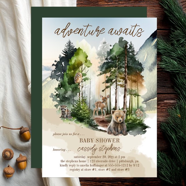 Invitación La aventura rústica de Woodland espera a su joven  ("adventure awaits" rustic woodland bear and forest animals boy baby shower design -- print | digital)
