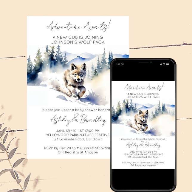 Invitación La aventura temática del lobo espera una ducha de  (Adventure awaits  wolf winter woodlands themed baby shower editable template invitation download)