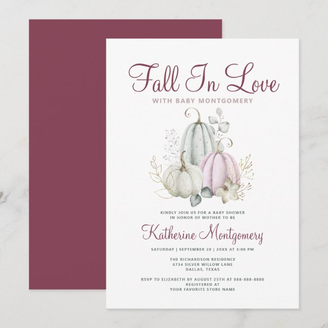 Invitación La Baby Shower De Calabaza Cae Enamorada Elegante  (Anverso / Reverso)