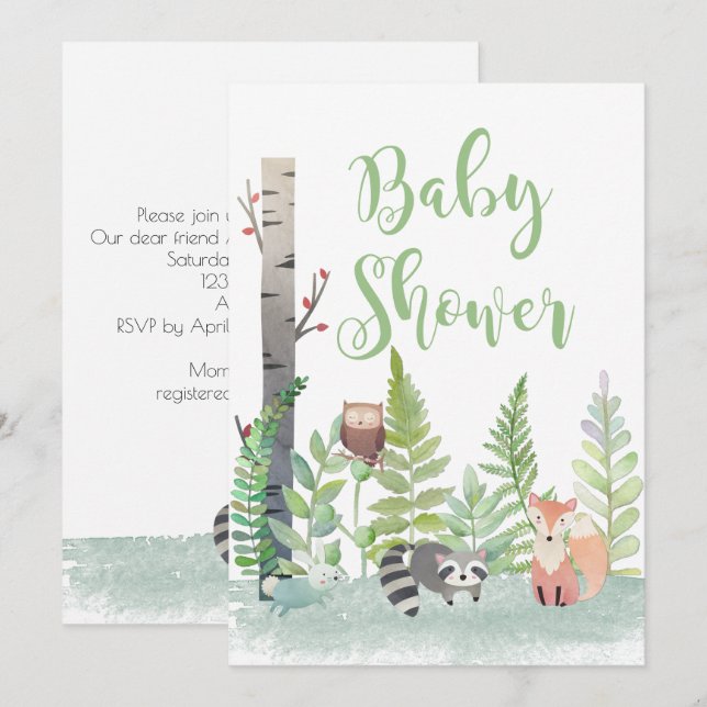 Invitación La Baby Shower de Woodland Baby Animals Green (Anverso / Reverso)