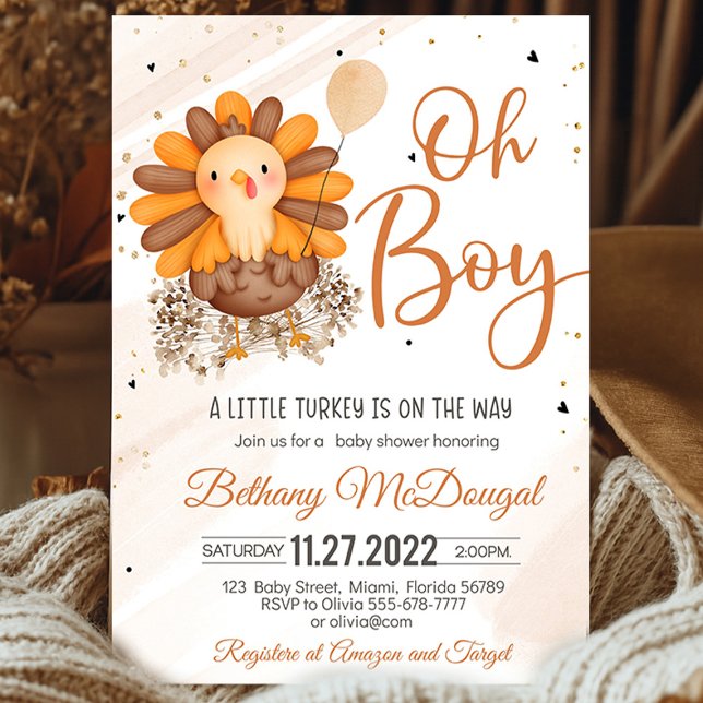 Invitación La Baby Shower del día de Acción de Gracias de la  (Little Turkey On The Way! Thanksgiving baby shower favor tags with turkey design, warm autumn colors)