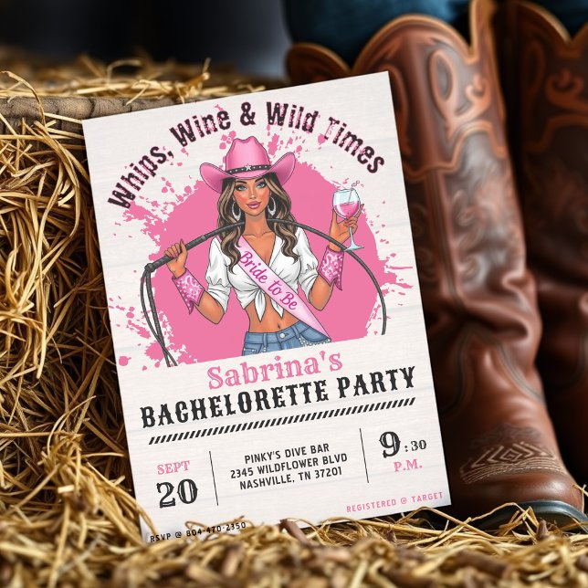 Invitación La Bachelorette Party Vaquera Vino y Tiempos Salva (Cowgirl Bachelorette Party Whips Wine & Wild Times Invitation
)