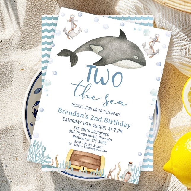 Invitación La ballena negra, dos años en el mar (Black Whale Two the Sea 2nd Birthday Invitation Boy Editable,
Under the Sea Second Birthday Invite )