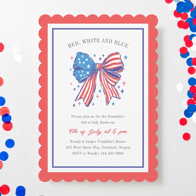 Invitación La bandera de los Estados Unidos adormilado se hun (preppy bow 4th of July party invitation)