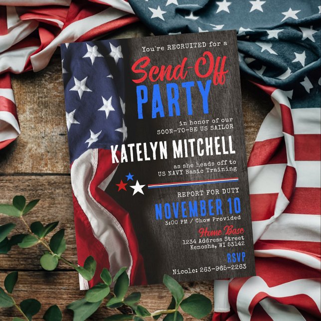 Invitación La bandera rusa: Soldado militar se va Fiesta (You're recruited for a Send Off Party, patriotic red white blue USA Flag, going away, farewell party)