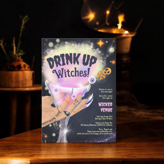 Invitación La bebida divertida bruja a los Chicas de Hallowee (Fun Drink up witches Halloween Girls night out Invitation)