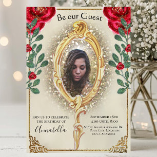 Invitación La Bella y la Bestia Espejo de Fotos y Rosas Rojas