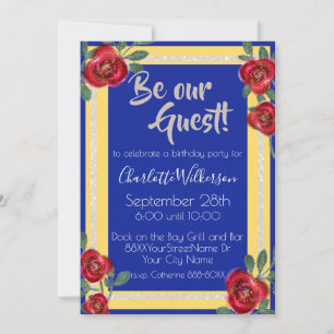 Invitación La Bella y la Bestia Rosas Rojas sobre Azul y Amar
