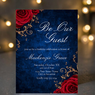Invitación La Bella y la Bestia Rosas Rojas y Terciopelo Azul