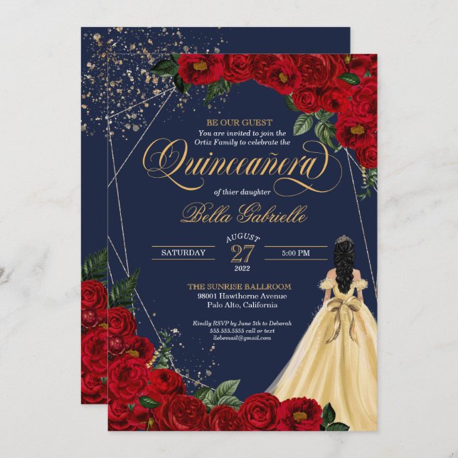 Invitación La belleza del oro de la rosa roja y la quinceañer (Anverso / Reverso)