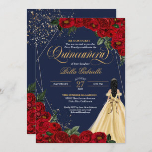 Invitación La belleza del oro de la rosa roja y la quinceañer
