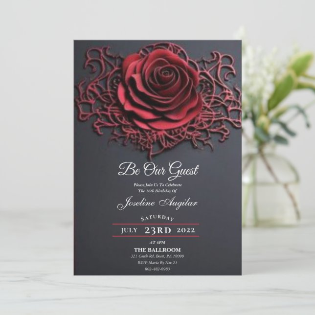 Invitación La belleza y el dulce rosa rojo de la bestia 16 (Anverso de pie)