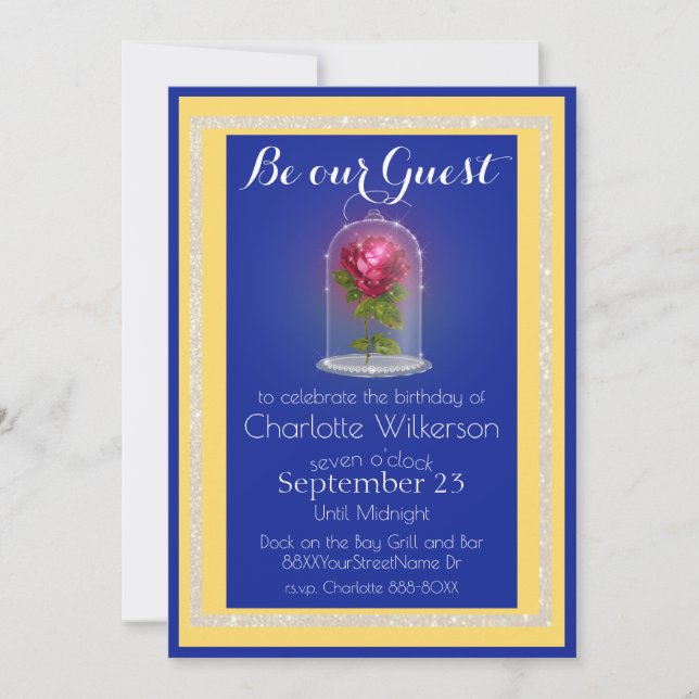 Invitación La belleza y el Rosa mágico de la bestia en azul y (Anverso)