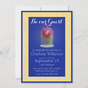 Invitación La belleza y el Rosa mágico de la bestia en azul y