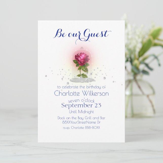 Invitación La belleza y la bestia con la rosa roja mágica (Anverso de pie)