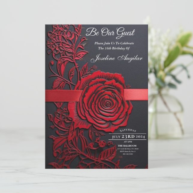 Invitación La belleza y la bestia dulce 16 Rosa Roja (Anverso de pie)