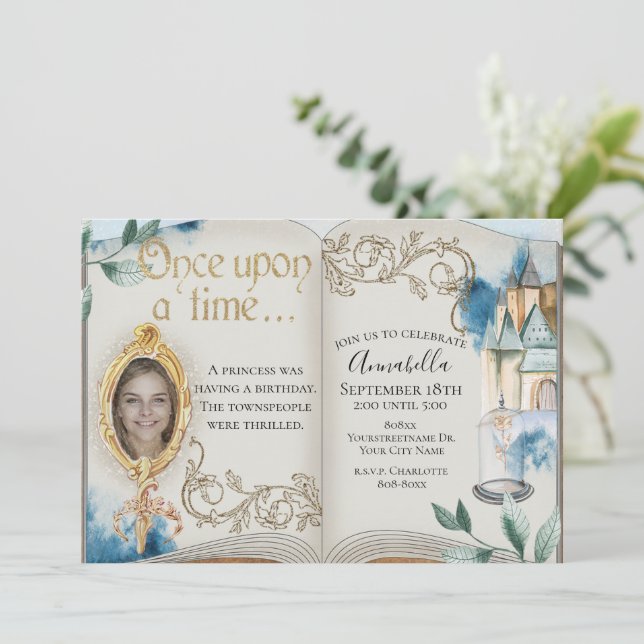 Invitación La belleza y la foto del libro de cuentos de hadas (Anverso de pie)