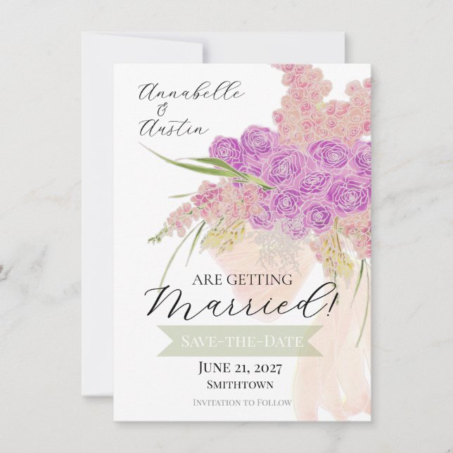Invitación La Boca Rosa Bouquet Save-The-Date con lazo transp (Anverso)