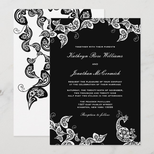 Invitación La boda blanca floral elegante del pavo real del (Anverso / Reverso)