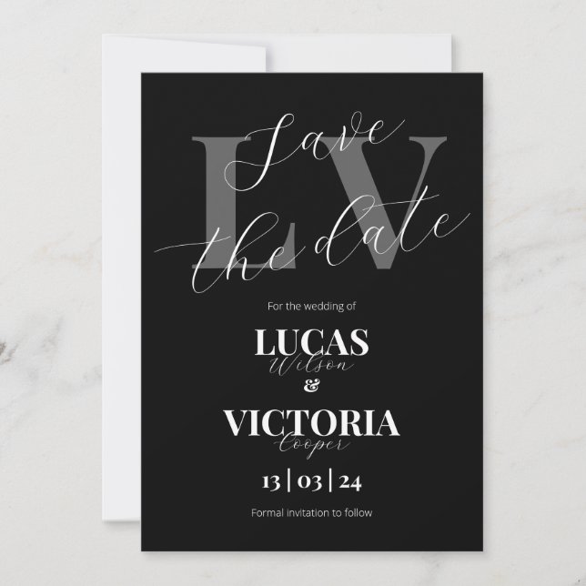 Invitación La boda blanca y negra moderna salva la fecha (Anverso)