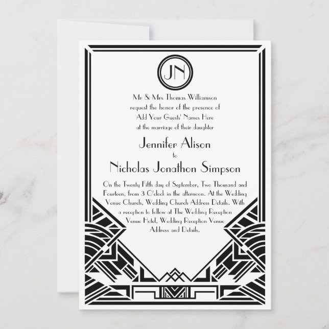Invitación La boda blanco y negro de Gatsby del art déco (Anverso)