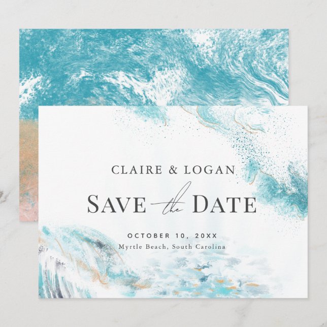 Invitación La boda costera de las olas azules aplastantes sal (Anverso / Reverso)