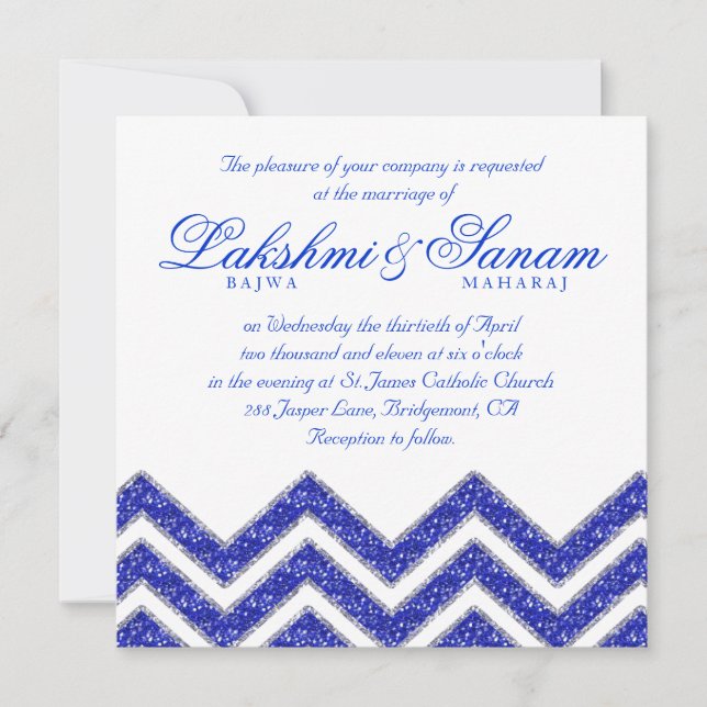 Invitación La boda de Chevron invita a blanco del azul real (Anverso)
