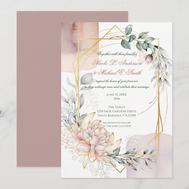 Invitación La boda de flores de follaje dorado (Anverso / Reverso)
