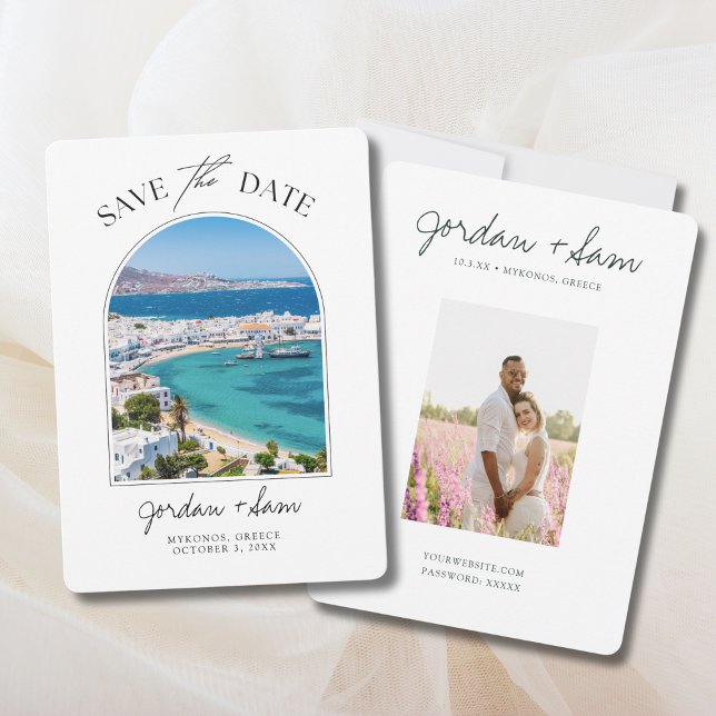 Invitación La boda de Grecia en Mykonos salva la fecha (Mykonos Greece Wedding Photo Save the Date with Engagement picture)