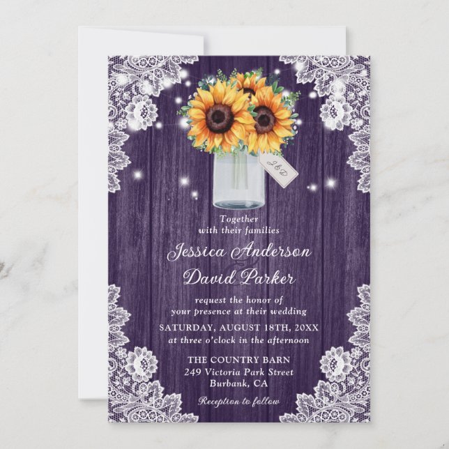 Invitación La boda de los girasoles Rustic Purple Wood Lace i (Anverso)