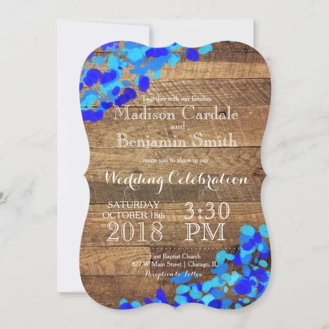 Invitación La boda de madera del granero rústico azul de la (Anverso)