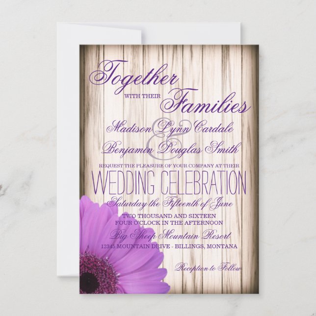 Invitación La boda de madera del país rústico púrpura de la (Anverso)