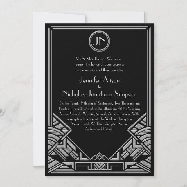 Invitación La boda de plata negra del estilo de Gatsby del (Anverso)