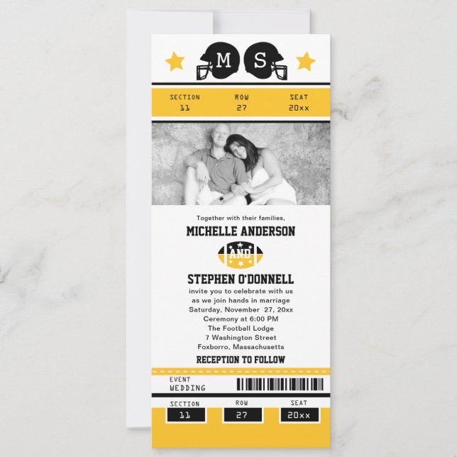 Invitación La boda del boleto del fútbol del negro del oro (Anverso)