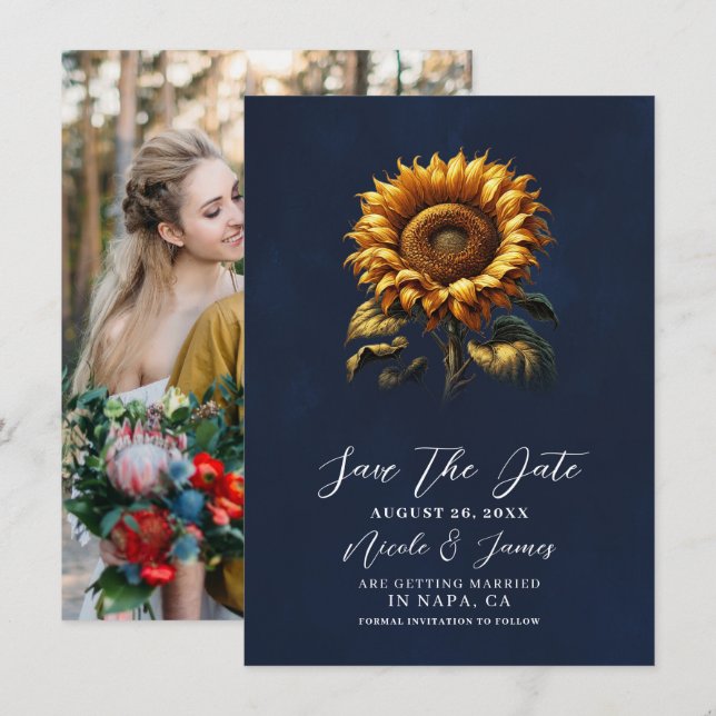 Invitación La boda del girasol ruso azul salva la fecha (Anverso / Reverso)