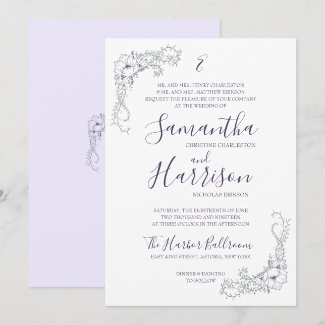 Invitación La boda elegante de la lavanda y mínima floral (Anverso / Reverso)