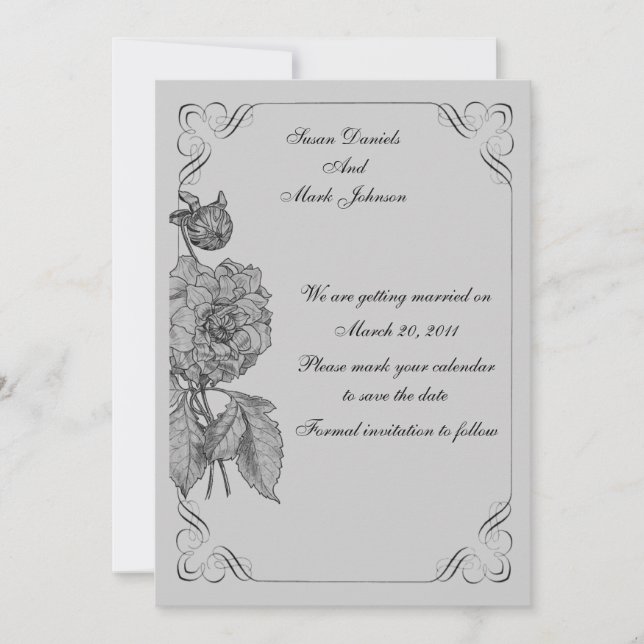 Invitación La Boda Floral De Peony Plata Negra Salva La Fecha (Anverso)