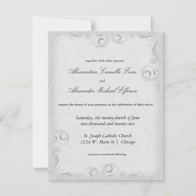 Invitación La boda formal de plata elegante de Scrollwork (Anverso)
