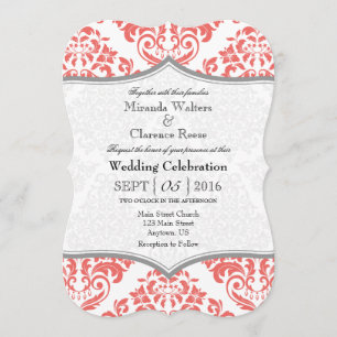 Invitación La boda gris coralina del soporte del damasco